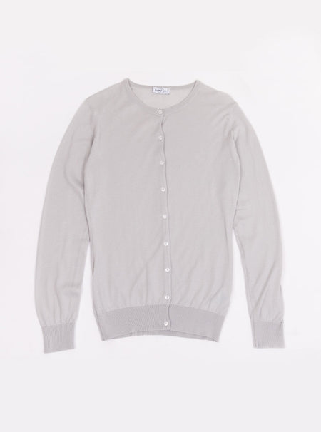 Flat lay of women's cloud grey long sleeved cardigan knit in a luxury and premium sea island cotton.